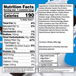 Nutrition facts label and ingredients list on a product packaging with a blue background.
