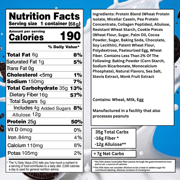 Nutrition facts label and ingredients list on a product packaging with a blue background.