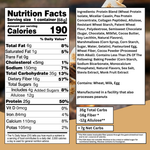 Nutrition facts label and ingredients list for a protein product on a wooden background