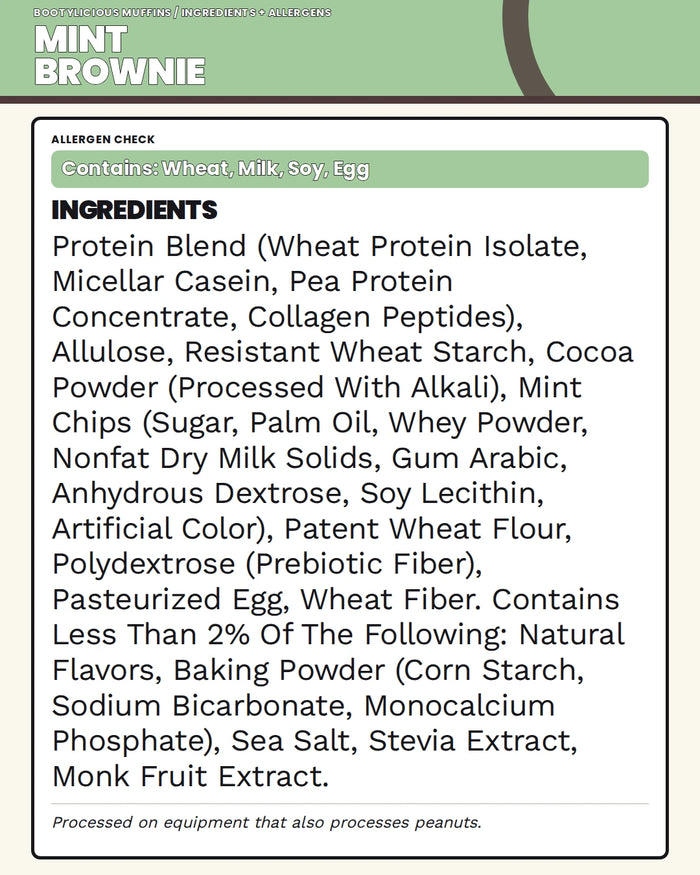 Mint Brownie ingredients and allergen panel