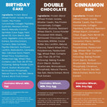 Ingredient panels for Birthday Cake, Double Chocolate and Cinnamon Bun