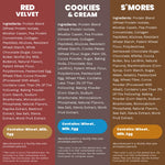 Ingredient panels for Red Velvet, Cookies & Cream and S'mores