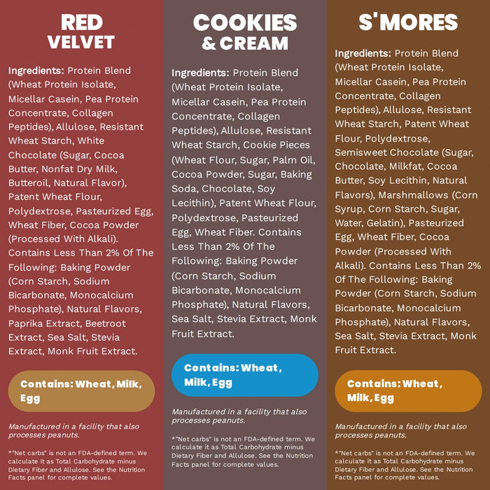 Ingredient panels for Red Velvet, Cookies & Cream and S'mores