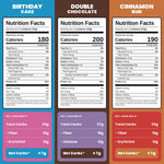 Nutrition Facts panels for Birthday Cake, Double Chocolate and Cinnamon Bun