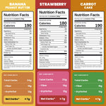 Nutrition Facts panels for Banana Peanut Butter, Strawberry and Carrot Cake
