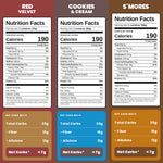 Nutrition Facts panels for Red Velvet, Cookies & Cream and S'mores